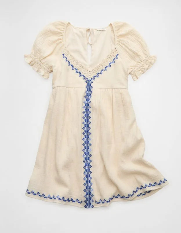 AE Embroidered Puff-Sleeve Babydoll Mini Dress