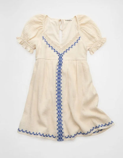AE Embroidered Puff-Sleeve Babydoll Mini Dress