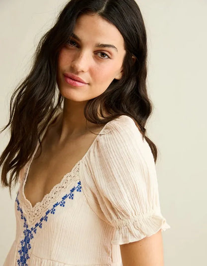 AE Embroidered Puff-Sleeve Babydoll Mini Dress