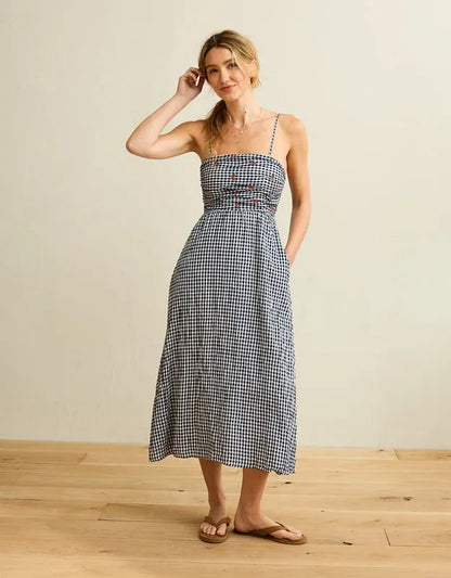 AE Strapless Smocked Embroidered Midi Dress