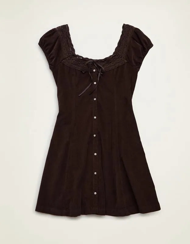 AE Corduroy Tie-Front Lace Mini Dress