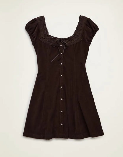 AE Corduroy Tie-Front Lace Mini Dress