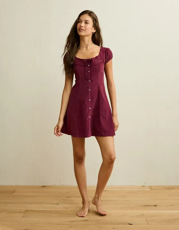 AE Corduroy Tie-Front Lace Mini Dress