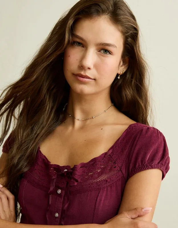 AE Corduroy Tie-Front Lace Mini Dress