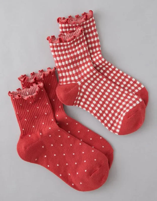 AE Polka Dot & Stripes Ruffle Cropped Crew Socks 2-Pack