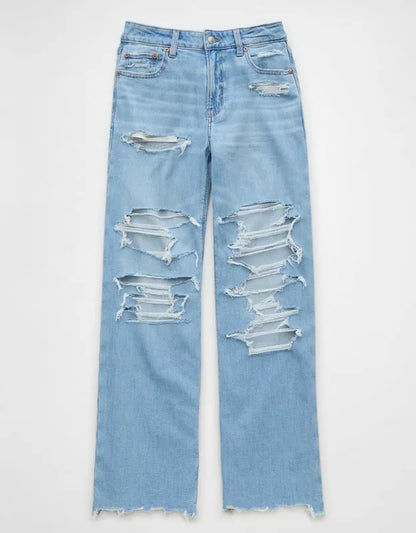 AE Dreamy Drape Stretch Ripped Super High-Waisted Baggy Wide-Leg Jean
