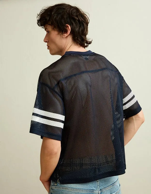 AE Boxy Fit V-Neck Graphic Mesh T-Shirt