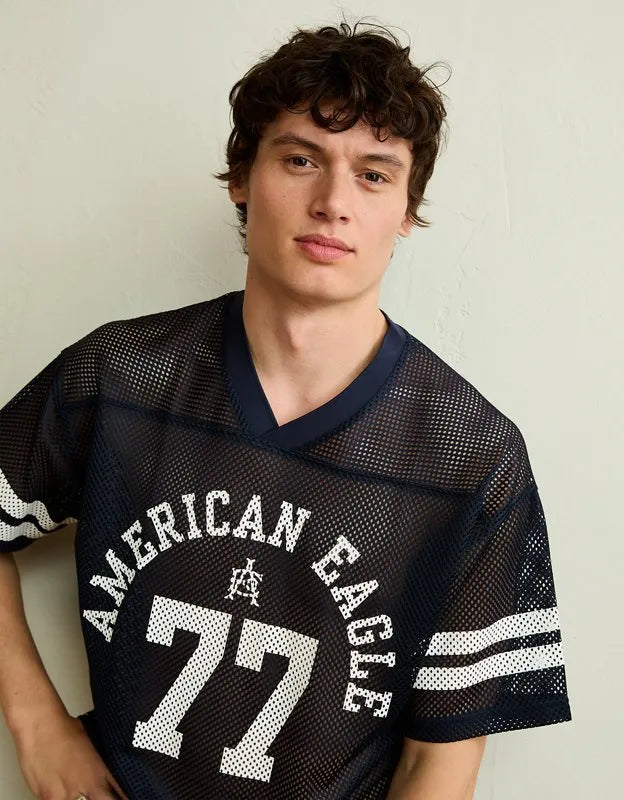 AE Boxy Fit V-Neck Graphic Mesh T-Shirt