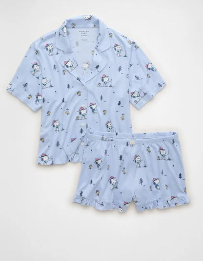 AE Luxe Plush Snoopy Button-Up PJ Set