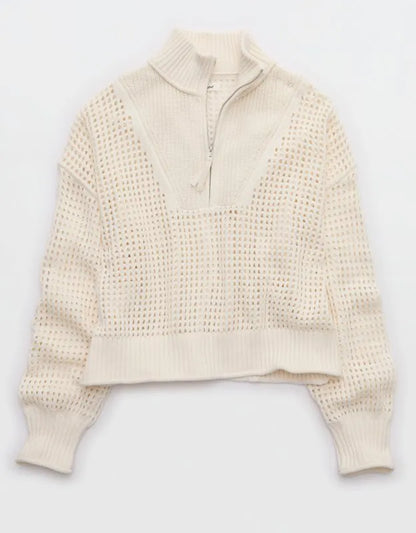 Aerie Crochet Quarter Zip Sweater