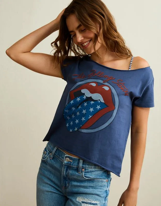 AE Off-the-Shoulder Rolling Stones Graphic T-Shirt