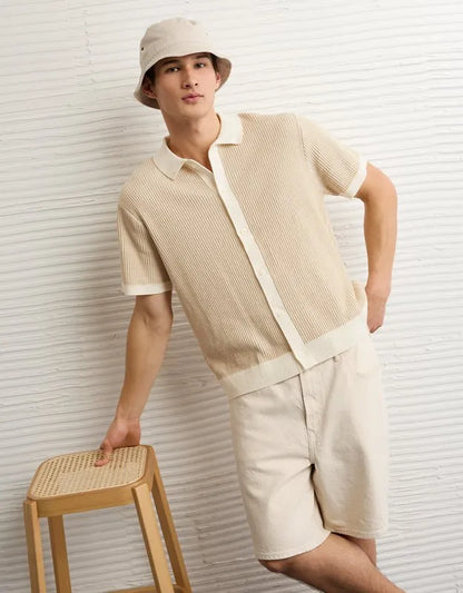 AE Striped Button-Up Sweater Polo