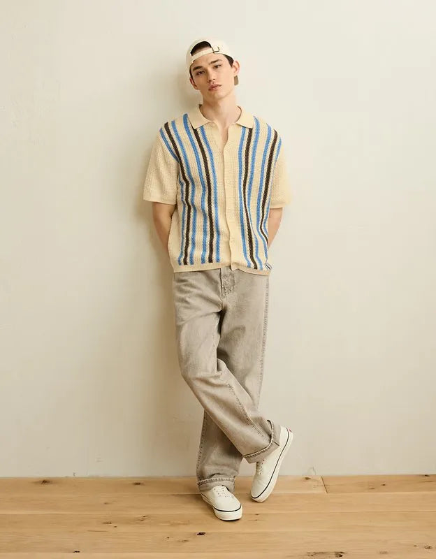 AE Striped Button-Up Sweater Polo