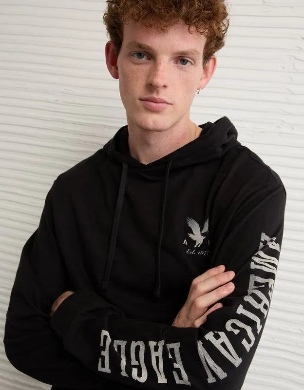 AE Standard Fit Lightweight Logo Graphic Hoodie T-Shirt