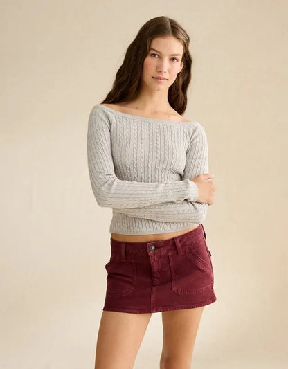 AE Fitted Off-the-Shoulder Cable Knit Sweater