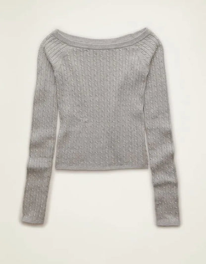 AE Fitted Off-the-Shoulder Cable Knit Sweater