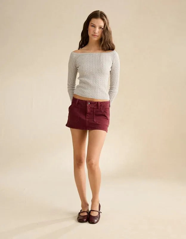 AE Fitted Off-the-Shoulder Cable Knit Sweater