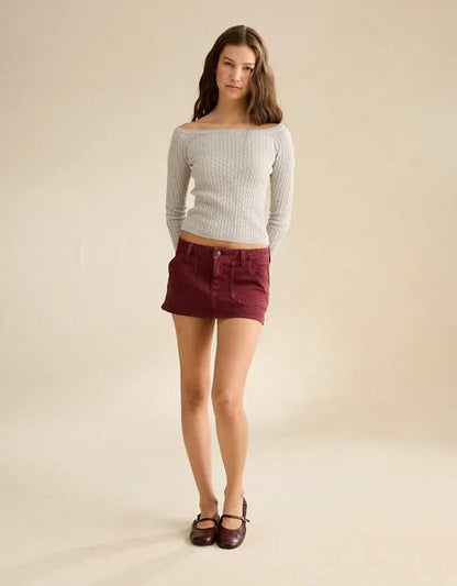 AE Fitted Off-the-Shoulder Cable Knit Sweater