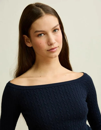 AE Fitted Off-the-Shoulder Cable Knit Sweater