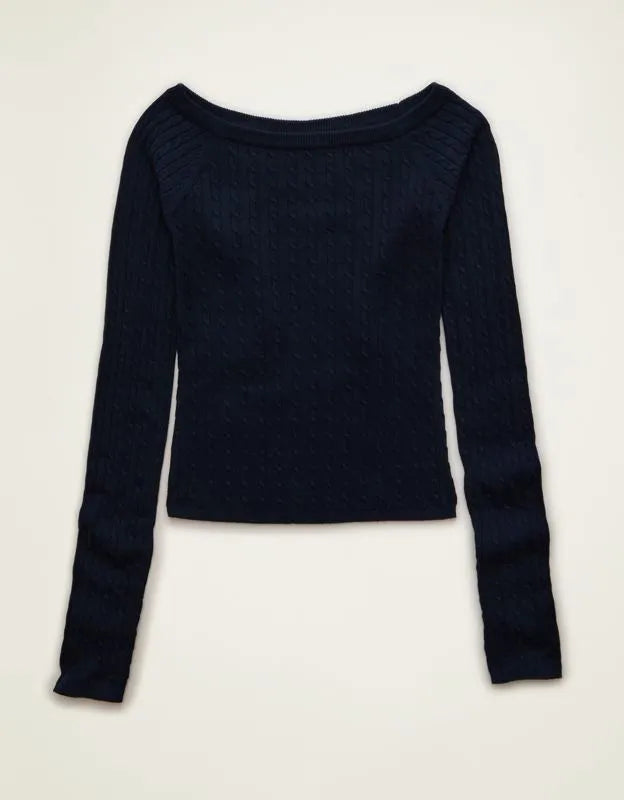 AE Fitted Off-the-Shoulder Cable Knit Sweater