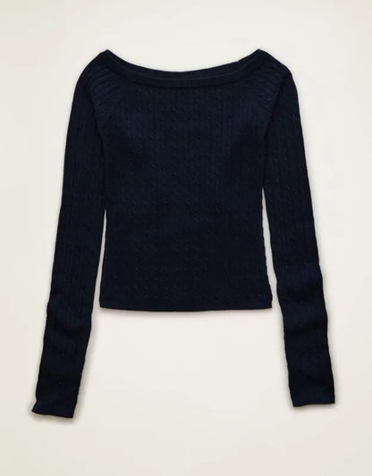 AE Fitted Off-the-Shoulder Cable Knit Sweater