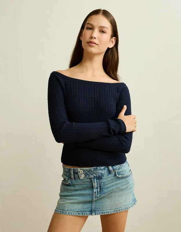 AE Fitted Off-the-Shoulder Cable Knit Sweater