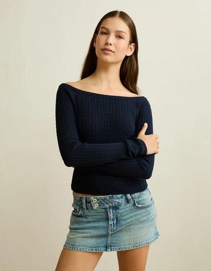 AE Fitted Off-the-Shoulder Cable Knit Sweater