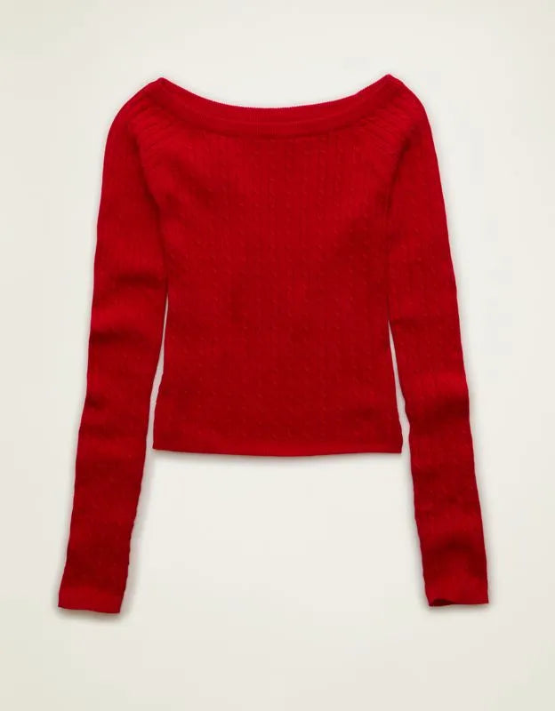 AE Fitted Off-the-Shoulder Cable Knit Sweater
