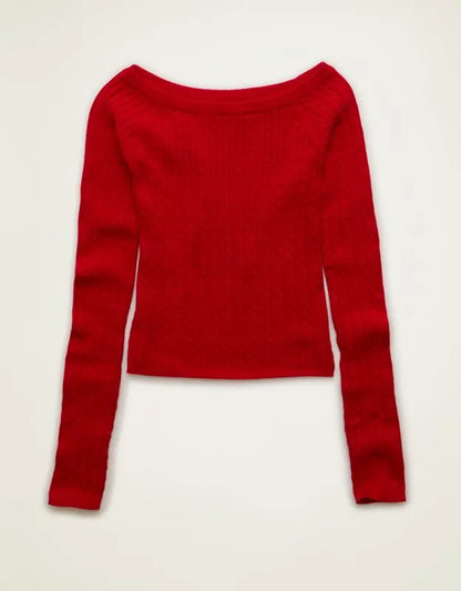 AE Fitted Off-the-Shoulder Cable Knit Sweater