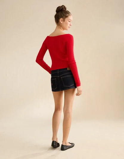 AE Fitted Off-the-Shoulder Cable Knit Sweater