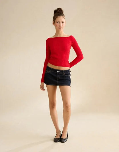 AE Fitted Off-the-Shoulder Cable Knit Sweater