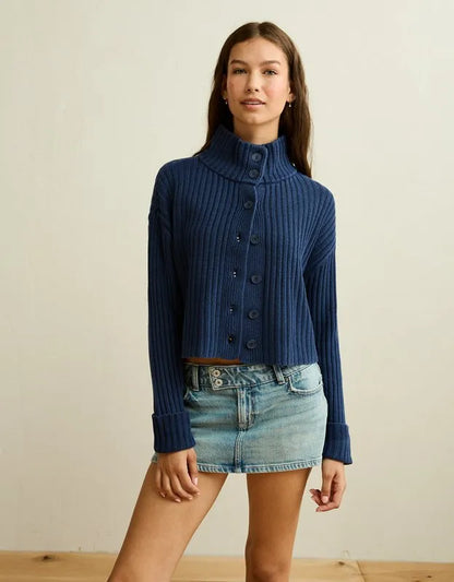 AE Button Up Mock Neck Cardigan Sweater
