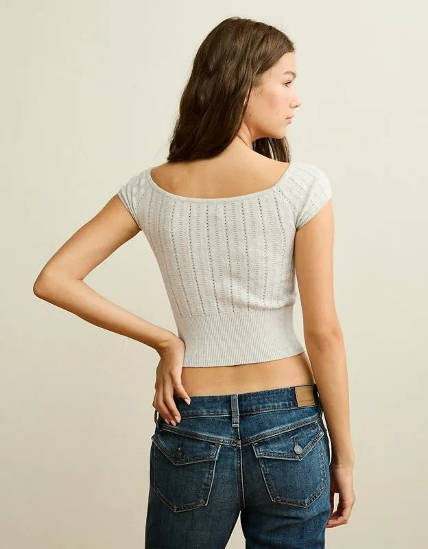 AE Fitted Off-the-Shoulder Pointelle Tee