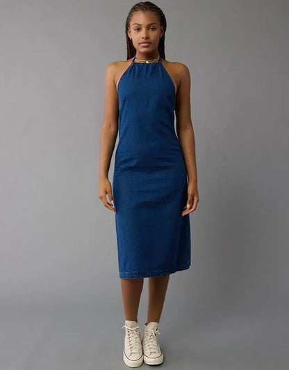 AE Denim Halter Shift Midi Dress