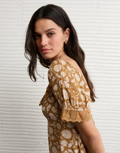 AE Printed Lace Tie Front Mini Dress