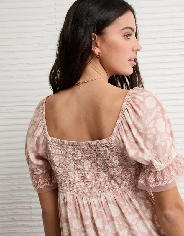 AE Printed Lace Tie Front Mini Dress