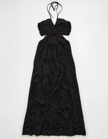 AE Ruched & Ruffled Halter Maxi Dress