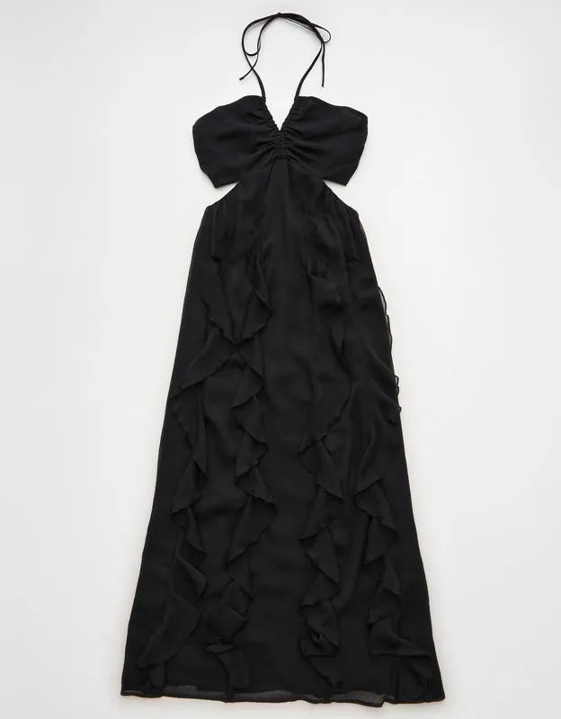 AE Ruched & Ruffled Halter Maxi Dress