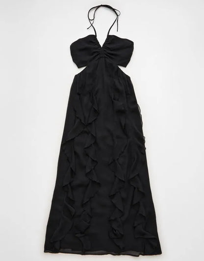 AE Ruched & Ruffled Halter Maxi Dress