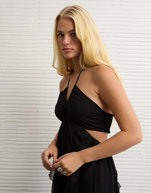 AE Ruched & Ruffled Halter Maxi Dress
