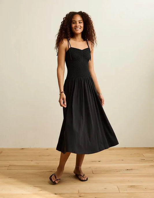 AE Sweetheart-Neck Tie-Strap Midi Dress