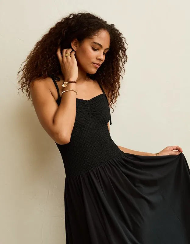 AE Sweetheart-Neck Tie-Strap Midi Dress