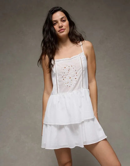 AE Babydoll Lace-Embroidered Tiered Mini Dress