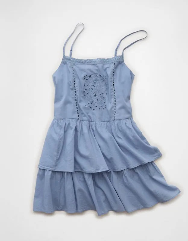 AE Babydoll Lace-Embroidered Tiered Mini Dress