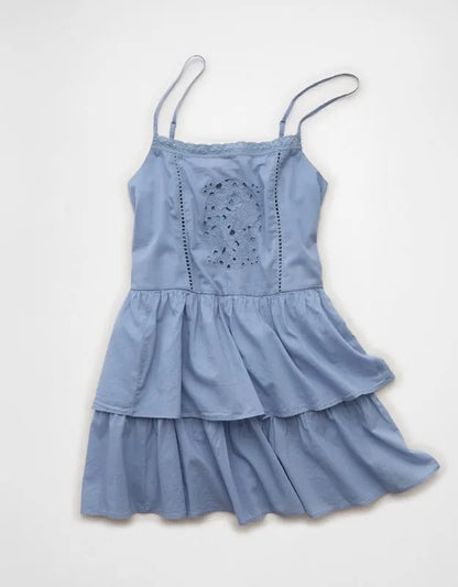 AE Babydoll Lace-Embroidered Tiered Mini Dress