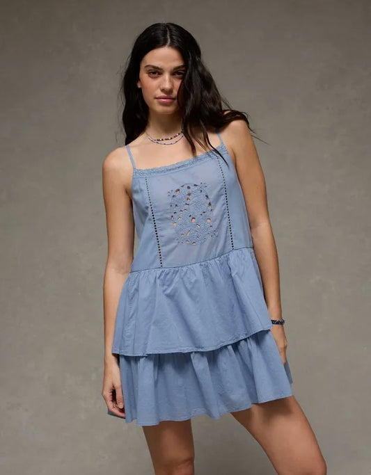 AE Babydoll Lace-Embroidered Tiered Mini Dress