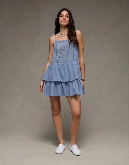 AE Babydoll Lace-Embroidered Tiered Mini Dress