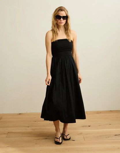 AE Strapless Mixed Fabric Midi Dress