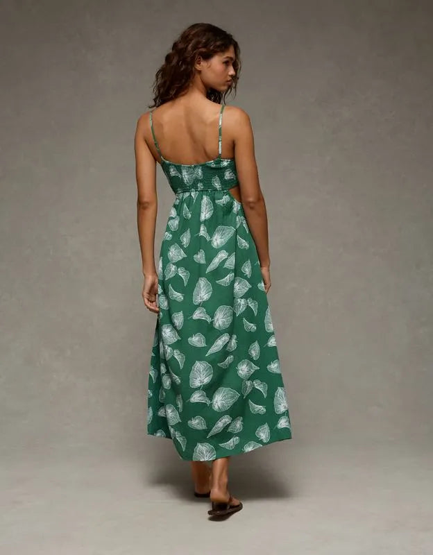 AE Smocked Cutout Babydoll Midi Dress