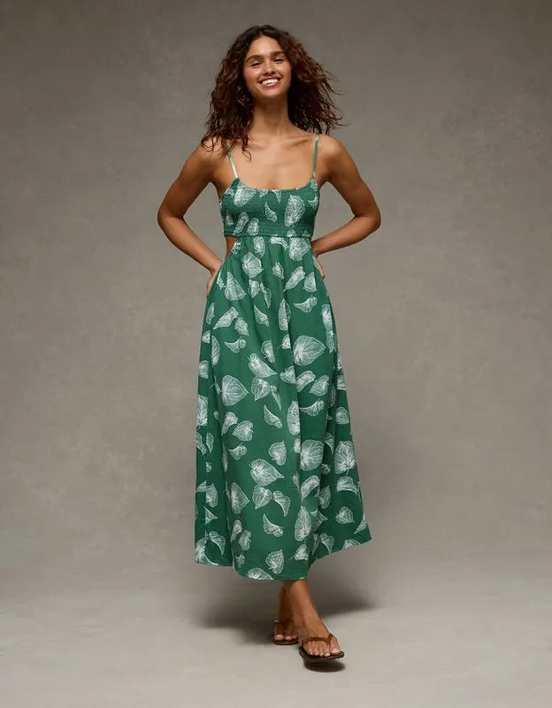 AE Smocked Cutout Babydoll Midi Dress